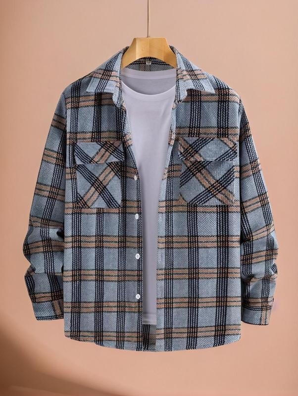 Men's Trendy Plaid Print Pocket Collared Button Front Shirt Without Inner Top, Regular Fit Casual Long Sleeve Shirt, 2024 Men's Fall & Winter Clothes For Daily Streetwear Going Out