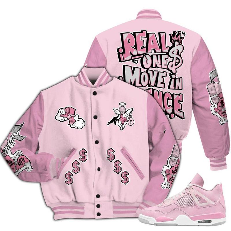 Dunkare Orchid 4s Varsity Jacket - Ones Move In Silence Graphic All Over Print Letterman Jackets