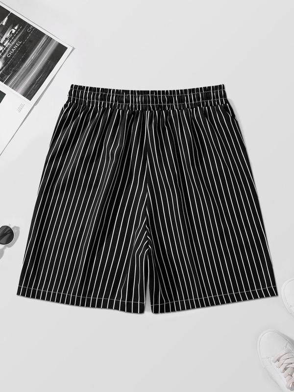 Men's Regular Fit Striped Print Drawstring Waist Shorts, Summer Clothes, Casual Pocket Elastic Waist Shorts for Summer, Streetwear Bottoms for Men