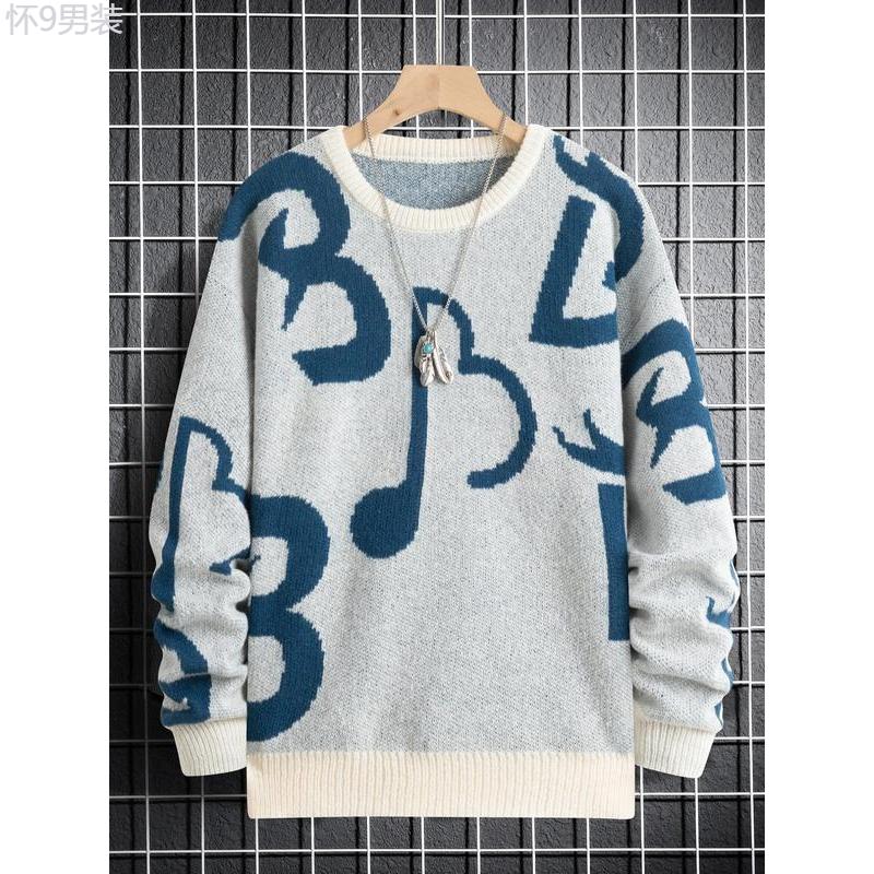 Unisex Men's Regular Fit Musical Note Print Round Neck Sweater, Fall Sweaters, Casual Long Sleeve Crew Neck Jumper for Fall & Winter, Fashion Men's Streetwear Knit Clothing for Daily Wear, Sweaters for Men, Fall Sweatshirts Knitted Sweater Menswear Tops