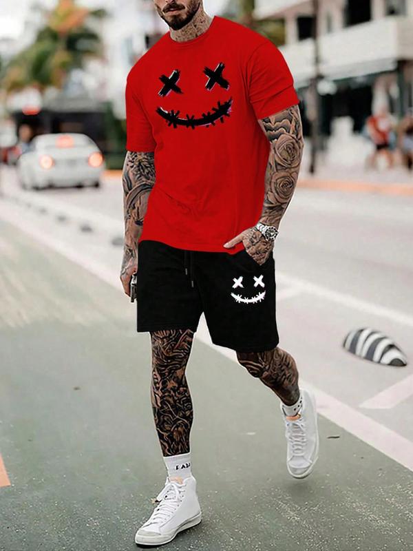 Men's Cartoon Face Print Short Sleeve Tee & Drawstring Waist Shorts Set, Regular Fit Casual T-shirt & Pocket Shorts, Men Two-piece Streetwear Outfits