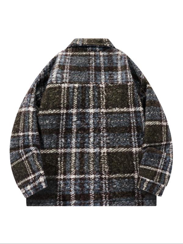 Men's Plaid Print Button Front Drop Shoulder Jacket, Loose Casual Long Sleeve Collared Outerwear for Fall & Winter, Men's Clothes for Daily Wear