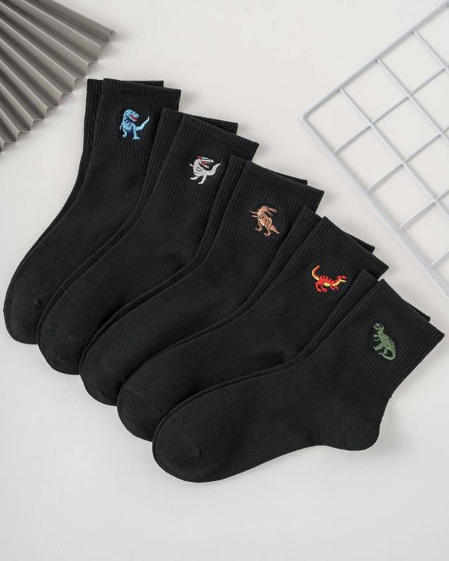 5pairs Men Dinosaur Embroidered Crew Socks for Daily Life - Fashionable and Versatile - Underwear, Womenswear