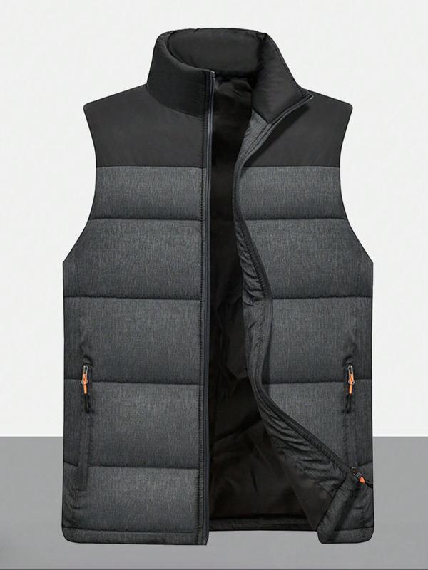 Men's Solid Zip Up Pocket Thermal Lined Vest Jacket, Regular Fit Casual Stand Collar Sleeveless Outerwear for Fall & Winter, Men's Clothes for Daily Wear