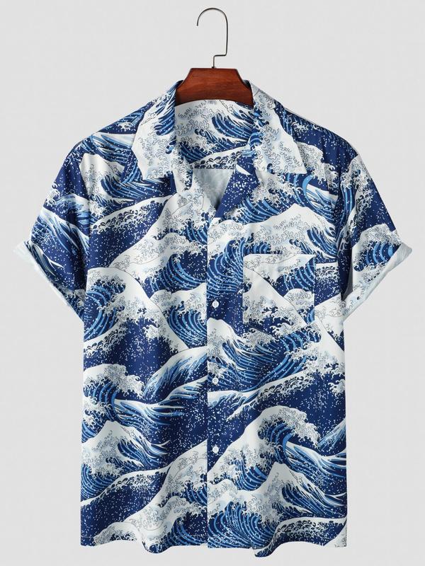 Men's All Over Wave Print Button Front Shirt, Loose Y2K Casual Pocket Lapel Short Sleeve Top for Summer, Fashion Men's Clothes for Beach Vacation Holiday