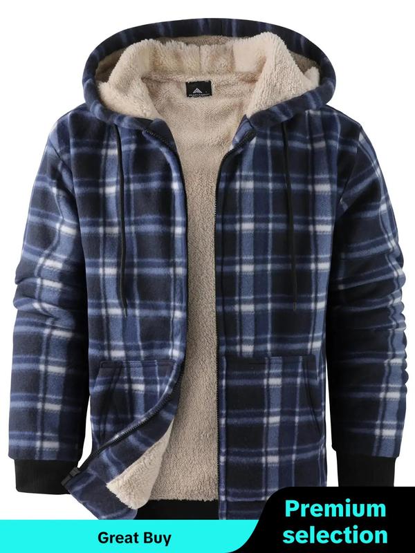 Men's Plaid Print Zip Up Drawstring Hooded Winter Jacket, Men's Designer Clothes, Winter Outfits 2024, Regular Fit Casual Thermal Lined Long Sleeve Pocket Outerwear for Fall & Winter, Men's Clothes for Daily Wear