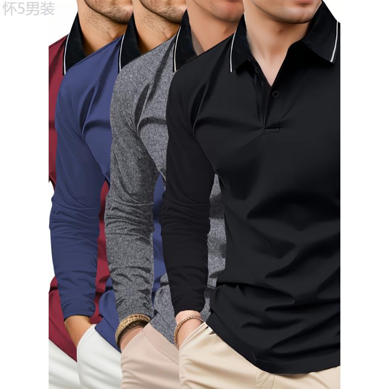 4pcs Mens Long Sleeve Lapel  - Soft Slight Stretch Polyester Fabric, Button Front, Versatile Solid Color Casual Tops for Outdoor Activities and Daily Wear - Regular Fit, Knit Fabric, No Sheer Collar Menswear Polo Beige Longsleeves Plain knitted shirt