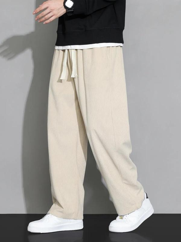 Men's Solid Drawstring Waist Corduroy Pants, Loose Casual Comfy Straight Leg Trousers for Fall & Winter, Men's Bottoms for Daily Wear