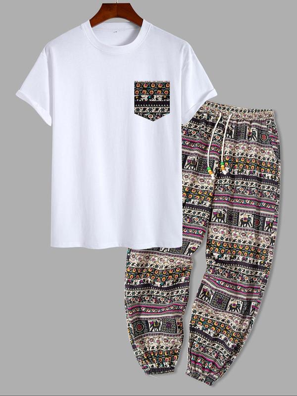 Men's Ethnic Pattern Pocket Tee & Drawstring Waist Pants Two-piece Set, Loose Boho Casual Short Sleeve T-shirt & Trousers for Spring & Fall, Men's Two-piece Outfits for Daily Wear