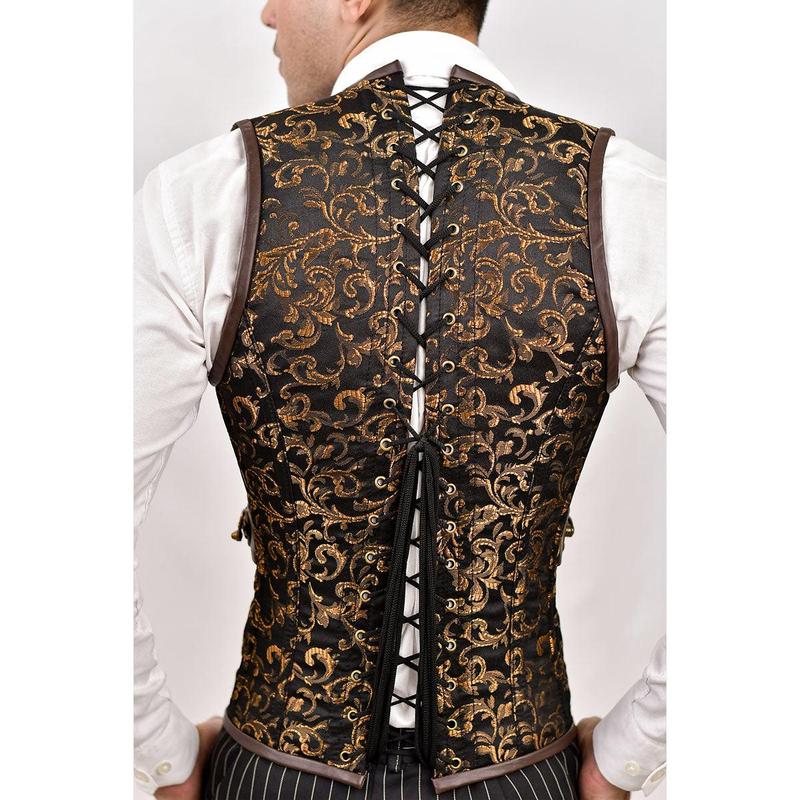 Brown Brocade & Brown Leather Corset Vest