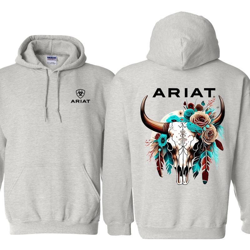 Ariat Hoodie, Wild Bull Skull Hoodie, Funny Animal and Flower, T-Shirt and Sweatshirt, Gift for Men and Women