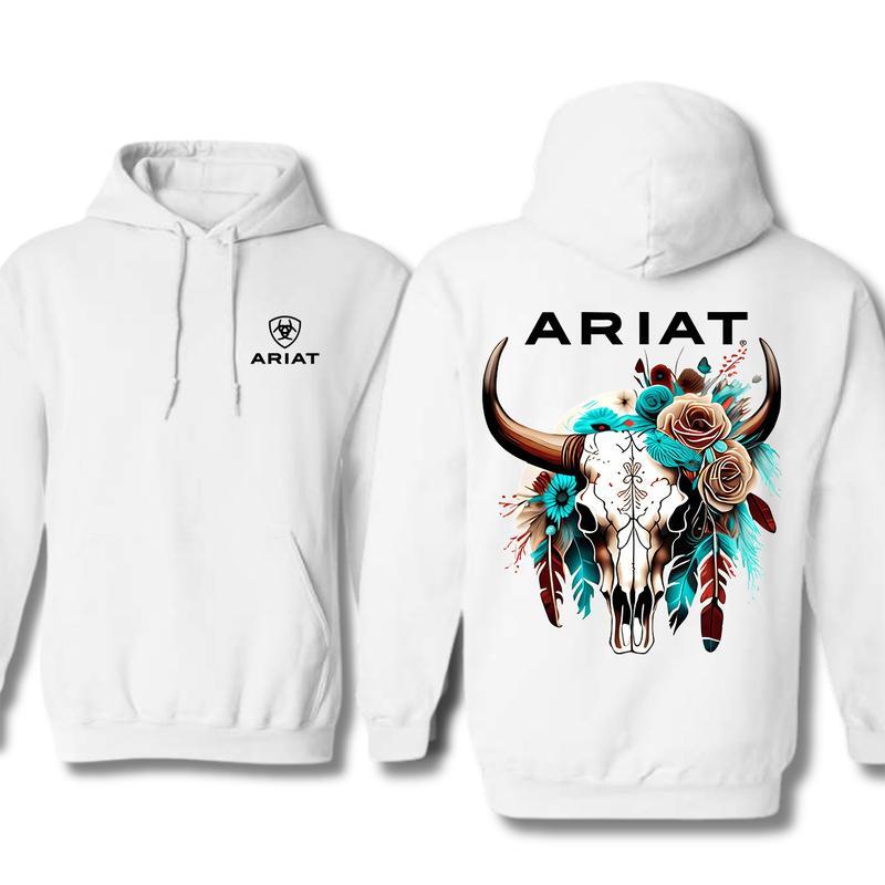 Ariat Hoodie, Wild Bull Skull Hoodie, Funny Animal and Flower, T-Shirt and Sweatshirt, Gift for Men and Women