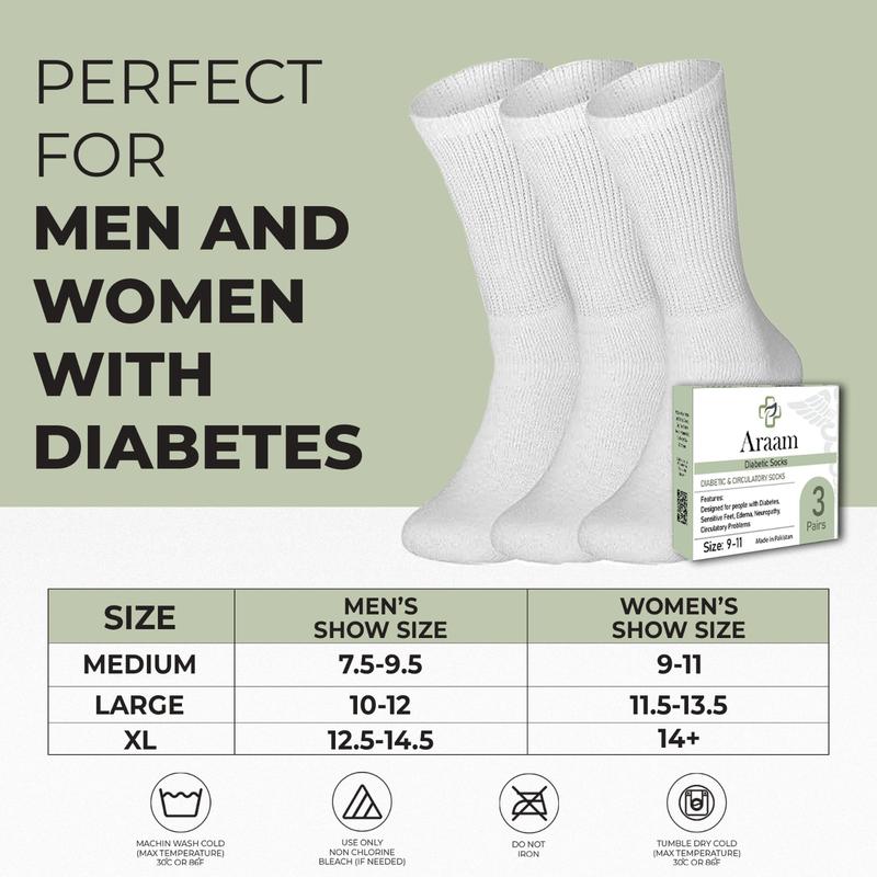 Araam Premium Cotton Crew Socks For Men & Women - Comfortable, Seamless, Non-Binding Socks For Diabetics, Pregnancy, Nurses, Athletic, & All-Day Wear