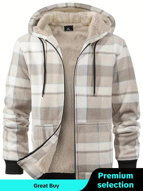 Men's Plaid Print Zip Up Drawstring Hooded Winter Jacket, Men's Designer Clothes, Winter Outfits 2024, Regular Fit Casual Thermal Lined Long Sleeve Pocket Outerwear for Fall & Winter, Men's Clothes for Daily Wear