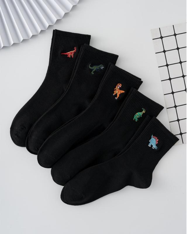 5pairs Men Dinosaur Embroidered Crew Socks for Daily Life - Fashionable and Versatile - Underwear, Womenswear