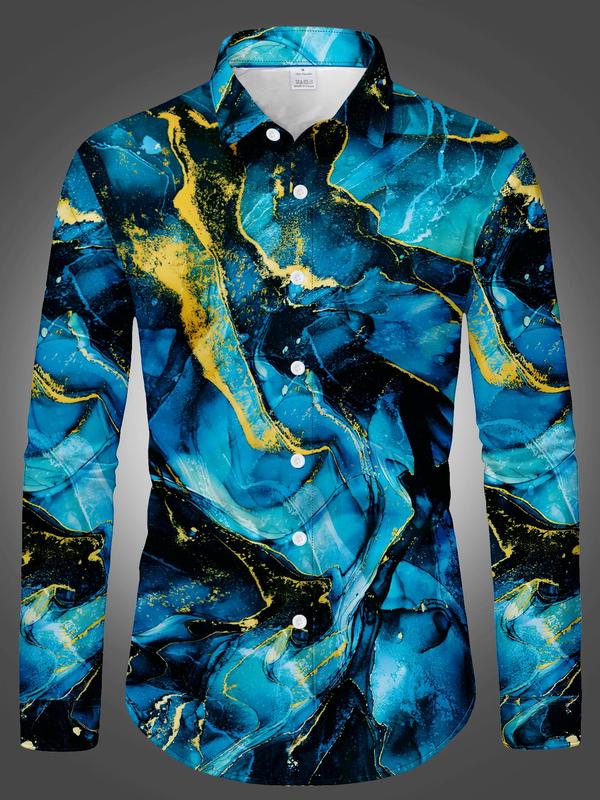 Men's All Over Print Button Front Shirt, Casual Comfy Long Sleeve Collared Top for Fall & Winter, Men's Clothes for Daily Wear