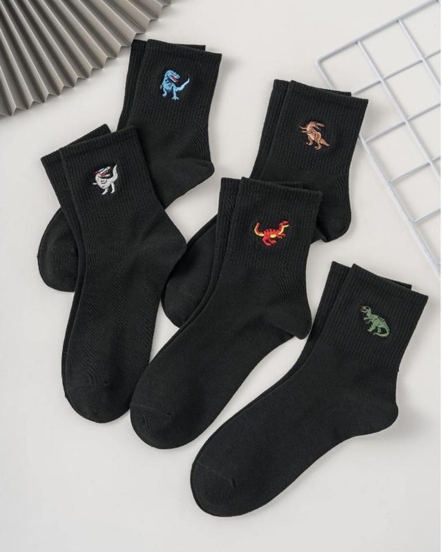 5pairs Men Dinosaur Embroidered Crew Socks for Daily Life - Fashionable and Versatile - Underwear, Womenswear