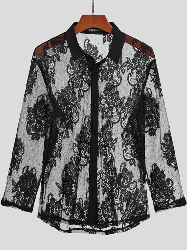 Graphic Men's Floral Embroidery Button Front Shirt, Sheer Casual Long Sleeve Collared Top for Summer, Fashion Men's Clothes for Daily Wear