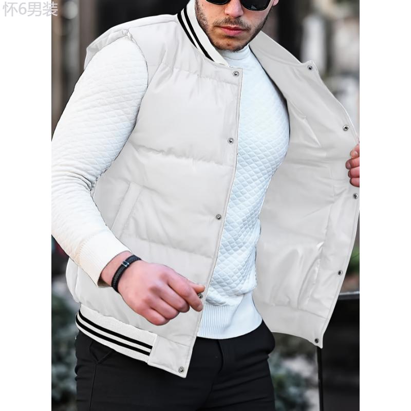 Stylish Striped Sleeveless Puffer Vest for Men - Casual Trendy Varsity Buttoned Outdoor Wear for Fall and Winter with Water-Resistant Fabric and Warm Insulation Menswear Collar Polyester Tops       Wetsuit knitwear vest