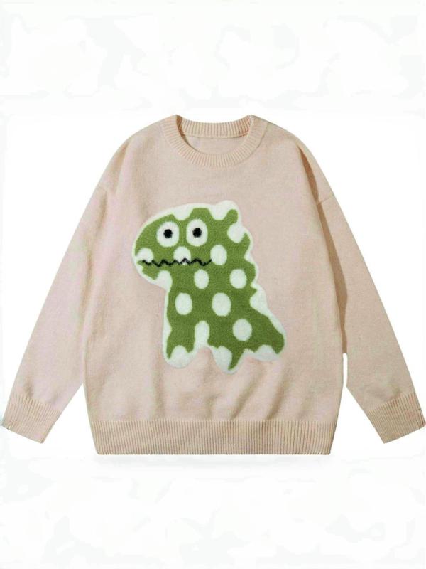 Men's Cartoon Dinosaur Print Drop Shoulder Sweater, Loose Casual Long Sleeve Round Neck Jumper for Fall & Winter, Fashion Men's Knitwear for Daily Wear