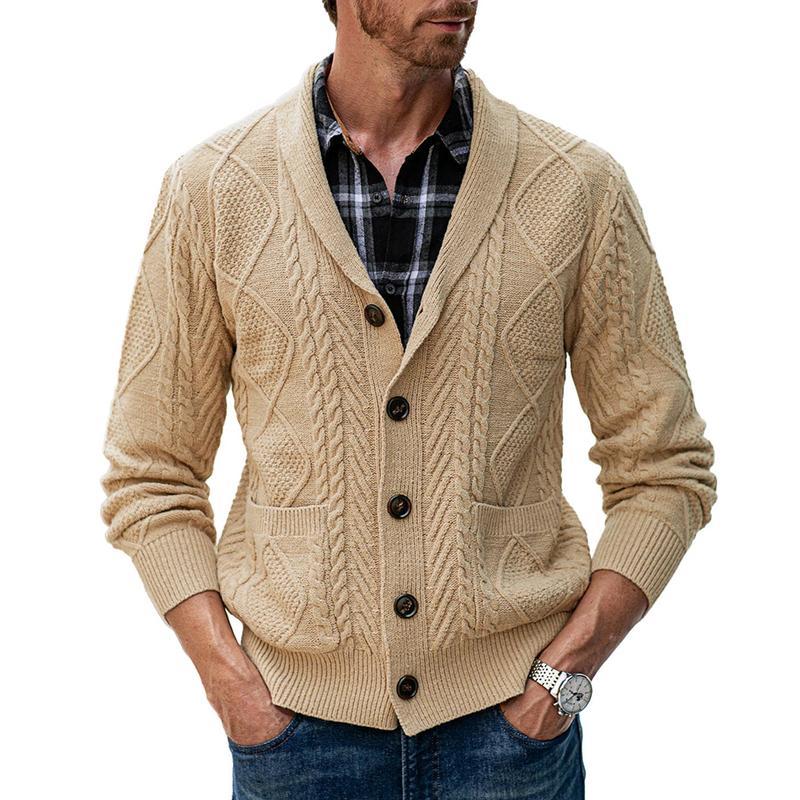 JMIERR Men's Casual Long Sleeve Shawl Collar Buttons Down Cable Knit Cardigan Sweater with Pockets