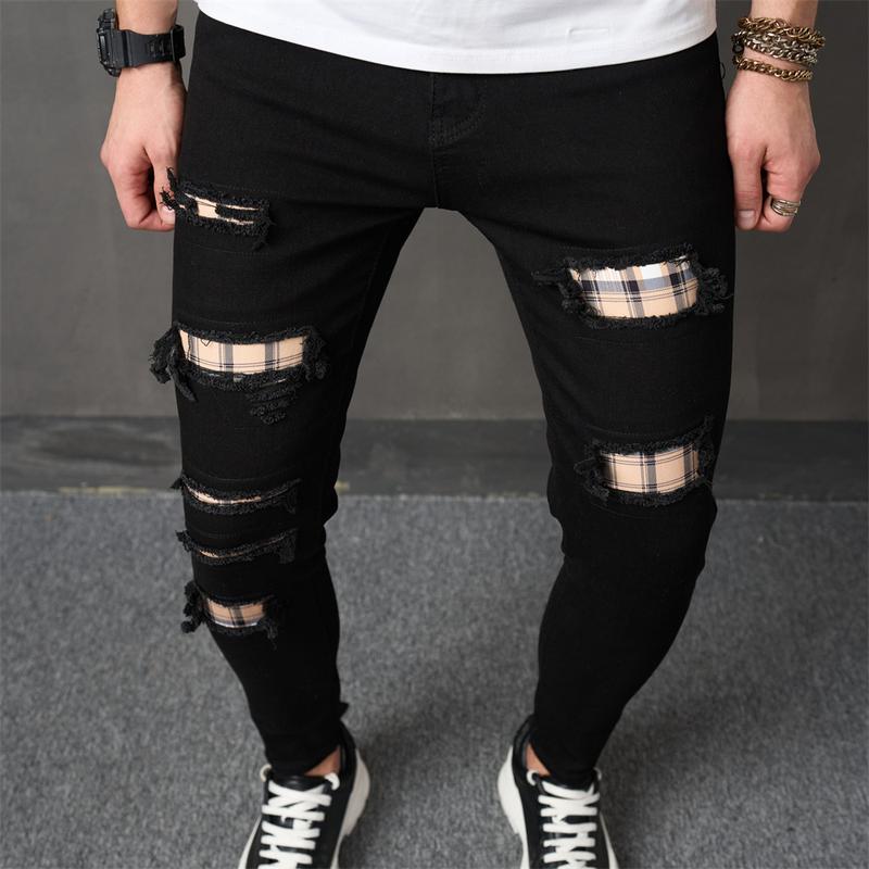 Men HipHop Holes Patch Printed Slim Jeans Trousers Male Stylish Distressed Jogging Skinny Pencil Denim Pants Menswear Underwear Human Streetwear Beige Plain