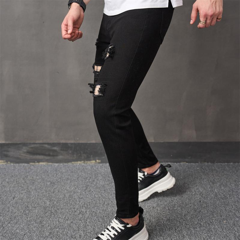 Men HipHop Holes Patch Printed Slim Jeans Trousers Male Stylish Distressed Jogging Skinny Pencil Denim Pants Menswear Underwear Human Streetwear Beige Plain