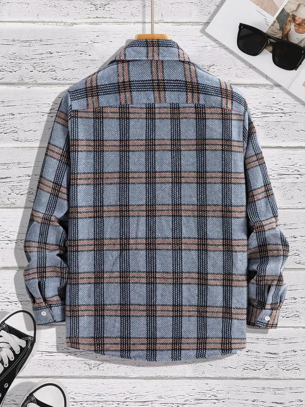 Men's Trendy Plaid Print Pocket Collared Button Front Shirt Without Inner Top, Regular Fit Casual Long Sleeve Shirt, 2024 Men's Fall & Winter Clothes For Daily Streetwear Going Out