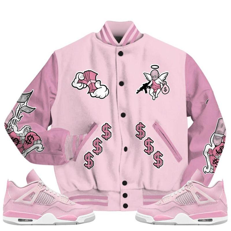 Dunkare Orchid 4s Varsity Jacket - Ones Move In Silence Graphic All Over Print Letterman Jackets