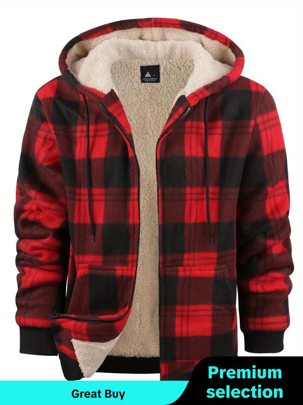 Men's Plaid Print Zip Up Drawstring Hooded Winter Jacket, Men's Designer Clothes, Winter Outfits 2024, Regular Fit Casual Thermal Lined Long Sleeve Pocket Outerwear for Fall & Winter, Men's Clothes for Daily Wear