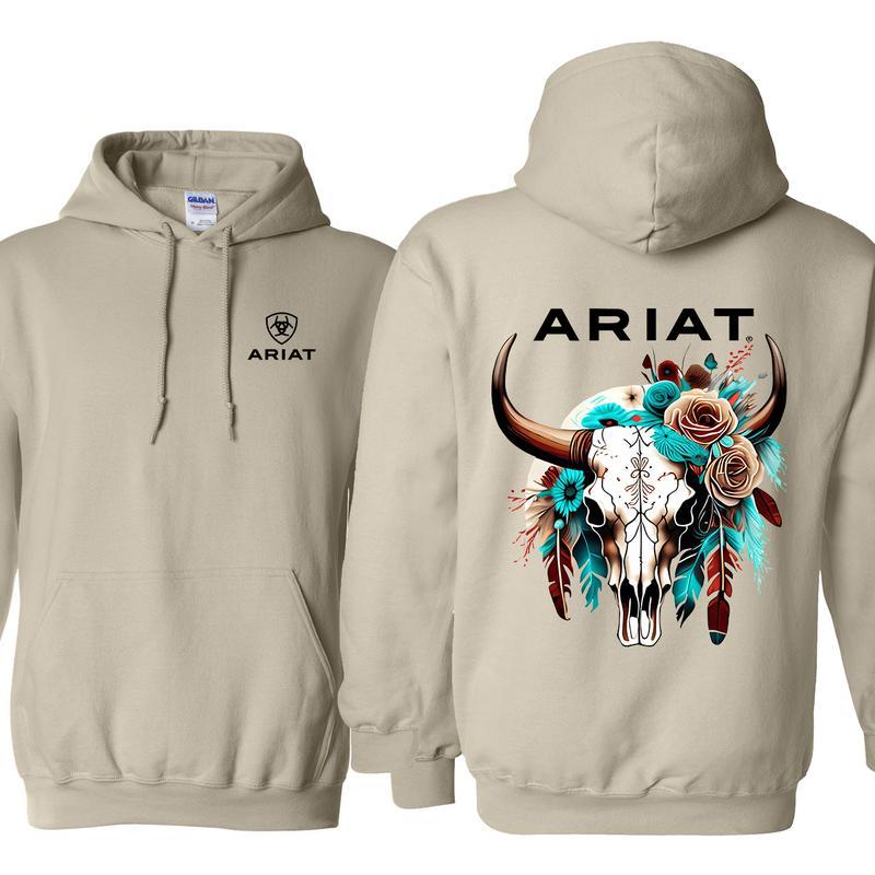 Ariat Hoodie, Wild Bull Skull Hoodie, Funny Animal and Flower, T-Shirt and Sweatshirt, Gift for Men and Women