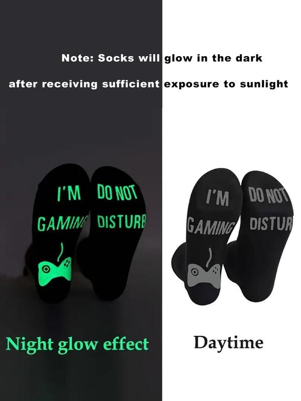 Men's Letter Print Glow in the Dark Crew Socks, Comfort Streetwear Fabric Socks For All Seasons, Casual Personalized Mid Calf Socks For Daily Wear