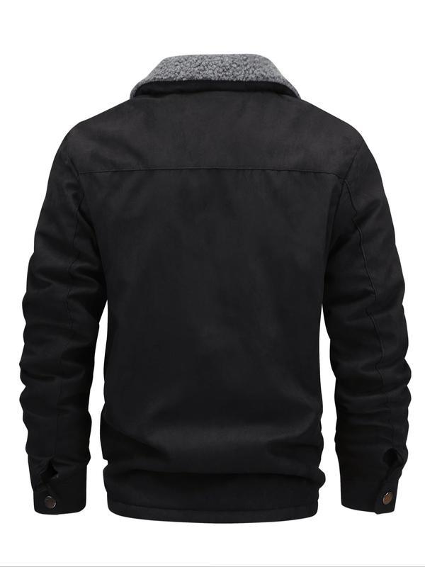 Men's Solid Pocket Zipper Fleece Winter JacketRegular Fit Casual Long Sleeve CollaredOuterwear for Fall & Winter, Men's Clothes forDaily Wear