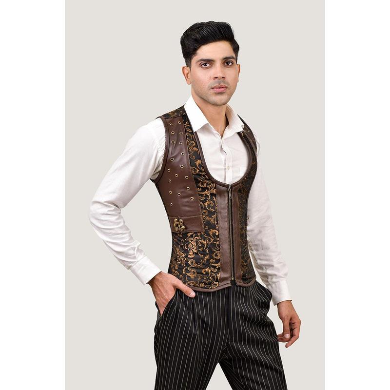 Brown Brocade & Brown Leather Corset Vest