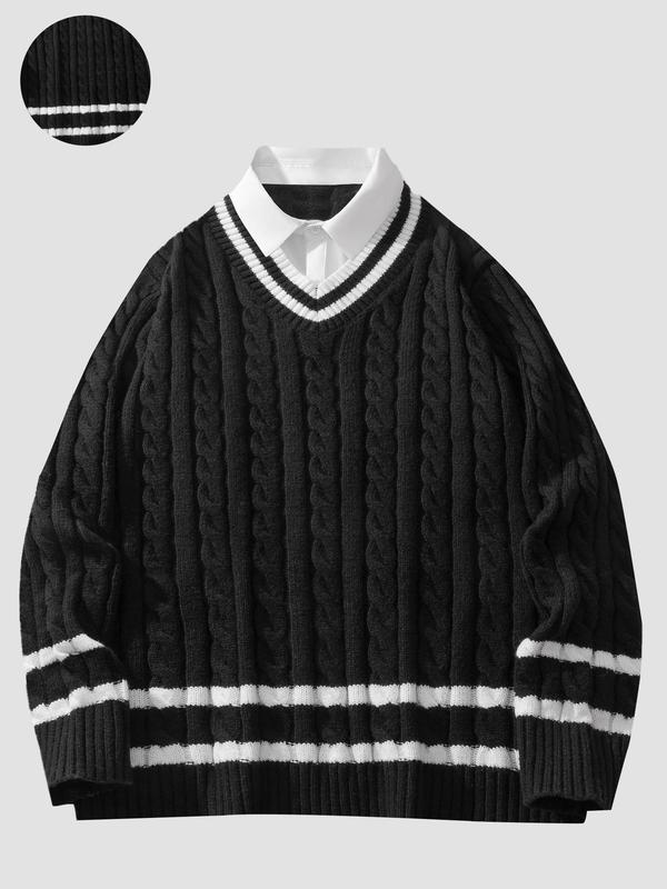 Men's 2 in 1 Contrast Binding Cable Knit Sweater, Preppy Style Long Sleeve Collared Jumper for Fall & Winter, Casual Fashion Cozy Knitwear for Men