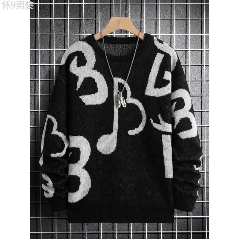 Unisex Men's Regular Fit Musical Note Print Round Neck Sweater, Fall Sweaters, Casual Long Sleeve Crew Neck Jumper for Fall & Winter, Fashion Men's Streetwear Knit Clothing for Daily Wear, Sweaters for Men, Fall Sweatshirts Knitted Sweater Menswear Tops