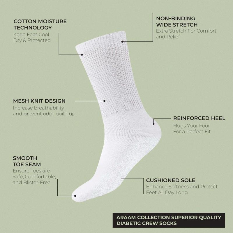 Araam Premium Cotton Crew Socks For Men & Women - Comfortable, Seamless, Non-Binding Socks For Diabetics, Pregnancy, Nurses, Athletic, & All-Day Wear