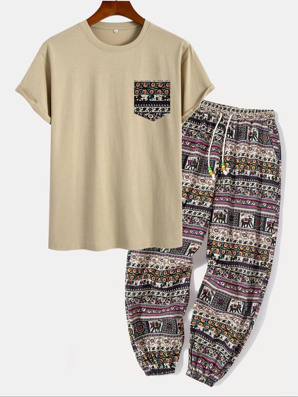 Men's Ethnic Pattern Pocket Tee & Drawstring Waist Pants Two-piece Set, Loose Boho Casual Short Sleeve T-shirt & Trousers for Spring & Fall, Men's Two-piece Outfits for Daily Wear