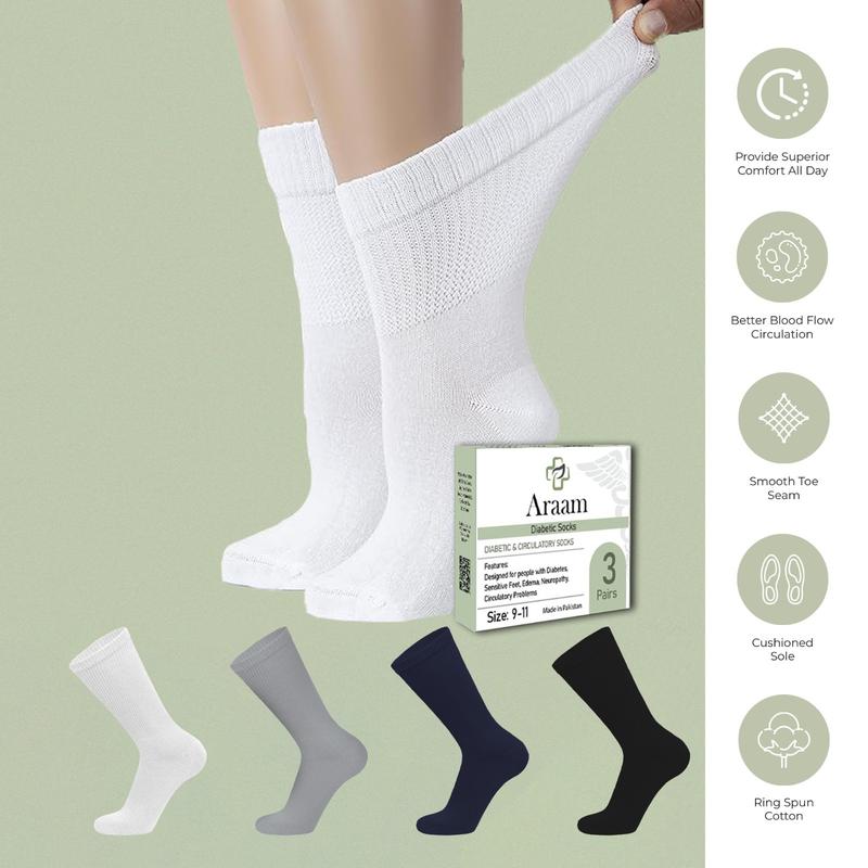 Araam Premium Cotton Crew Socks For Men & Women - Comfortable, Seamless, Non-Binding Socks For Diabetics, Pregnancy, Nurses, Athletic, & All-Day Wear