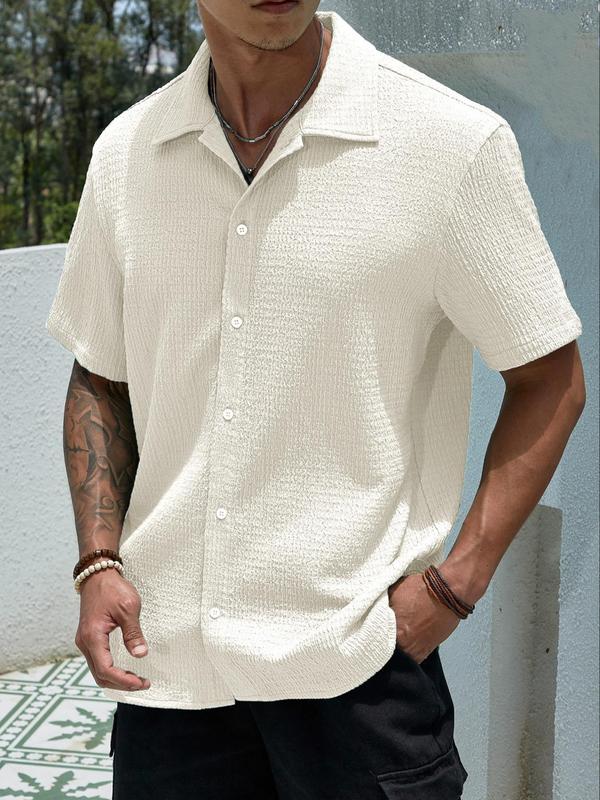 Men's Plain Textured Button Front Shirt, Casual Regular Fit Drop Shoulder Short Sleeve Top for Summer, Menswear for Daily Wear