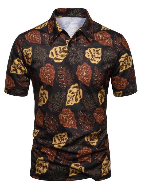 Men's Leaf Print Short Sleeve Polo Shirt, Casual Regular Fit Button Front Top for Summer, Business Work Tops for Men