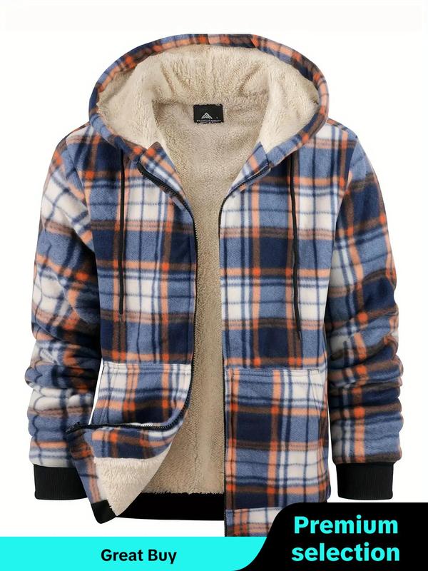 Men's Plaid Print Zip Up Drawstring Hooded Winter Jacket, Men's Designer Clothes, Winter Outfits 2024, Regular Fit Casual Thermal Lined Long Sleeve Pocket Outerwear for Fall & Winter, Men's Clothes for Daily Wear