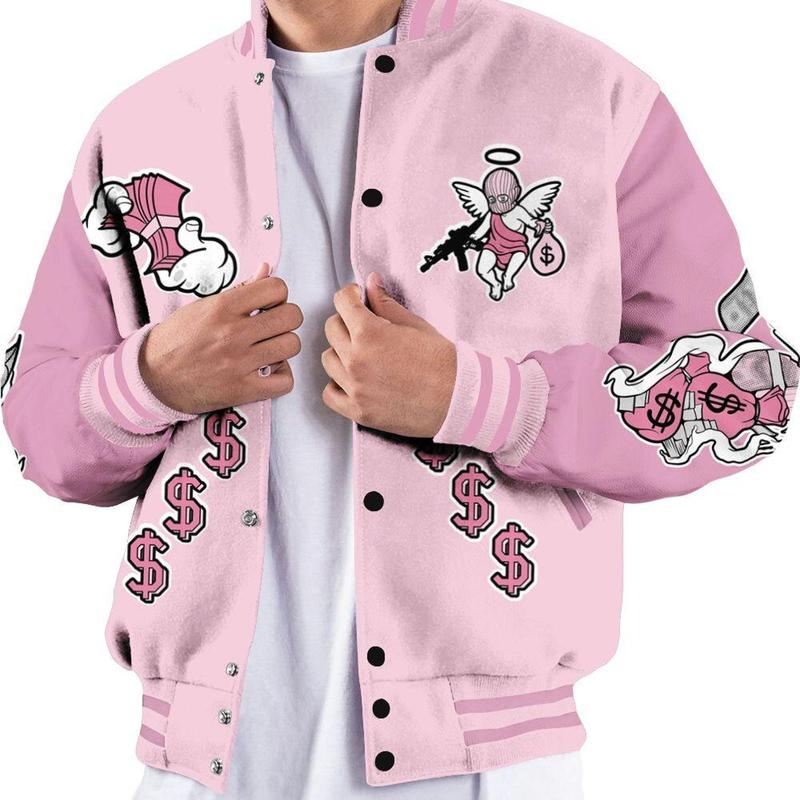 Dunkare Orchid 4s Varsity Jacket - Ones Move In Silence Graphic All Over Print Letterman Jackets