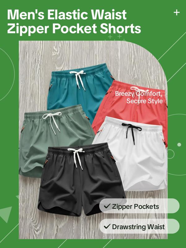 Men's Solid Drawstring Zipper Pocket Shorts, Casual Elastic Waist Beach Shorts for Summer Back To School, Breathable Men's Bottoms for Daily Wear,  Men Shorts