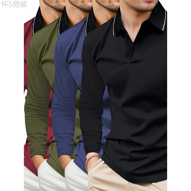 4pcs Mens Long Sleeve Lapel  - Soft Slight Stretch Polyester Fabric, Button Front, Versatile Solid Color Casual Tops for Outdoor Activities and Daily Wear - Regular Fit, Knit Fabric, No Sheer Collar Menswear Polo Beige Longsleeves Plain knitted shirt