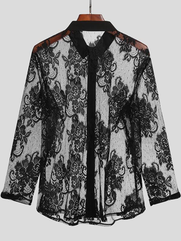 Graphic Men's Floral Embroidery Button Front Shirt, Sheer Casual Long Sleeve Collared Top for Summer, Fashion Men's Clothes for Daily Wear