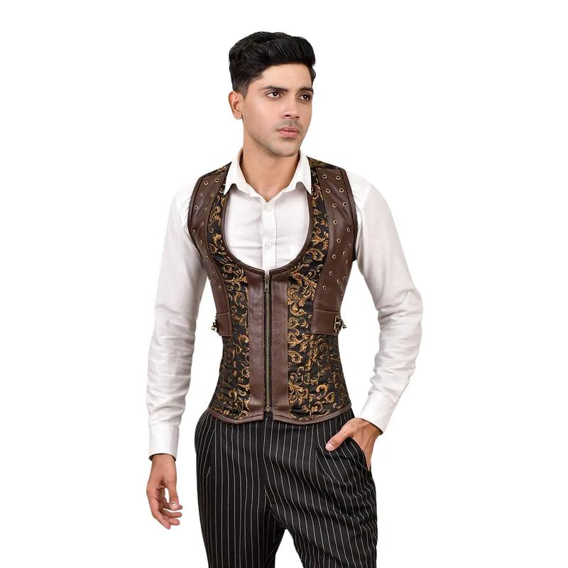 Brown Brocade & Brown Leather Corset Vest