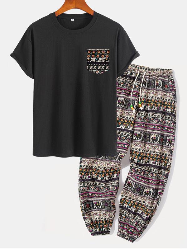 Men's Ethnic Pattern Pocket Tee & Drawstring Waist Pants Two-piece Set, Loose Boho Casual Short Sleeve T-shirt & Trousers for Spring & Fall, Men's Two-piece Outfits for Daily Wear