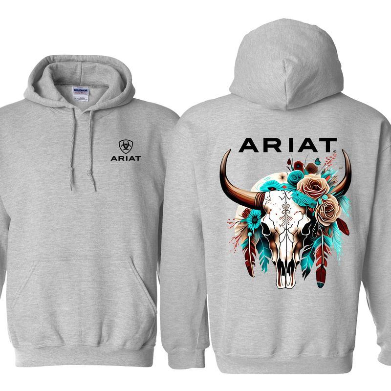 Ariat Hoodie, Wild Bull Skull Hoodie, Funny Animal and Flower, T-Shirt and Sweatshirt, Gift for Men and Women