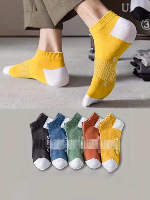 Men's 5 Pairs Casual Letter Print Ankle Socks, Contrast Color Knit Crew Socks, Low Cut Socks for Men, Multipack High Stretch Athletic Running Socks, Comfy Menswear Wear, Socks for Men